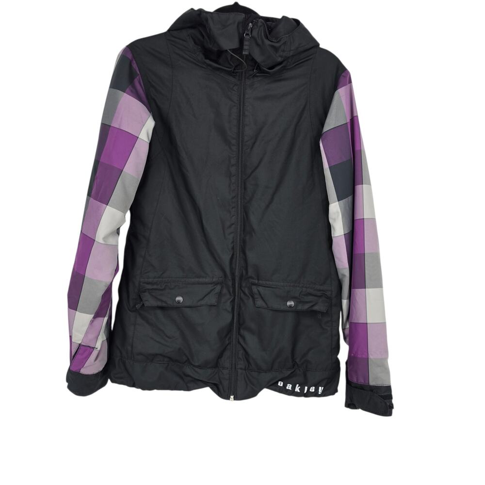 Oakley Well Known Ski/Snowboard Jacket Black & Purple Buffalo Check Plaid Size S